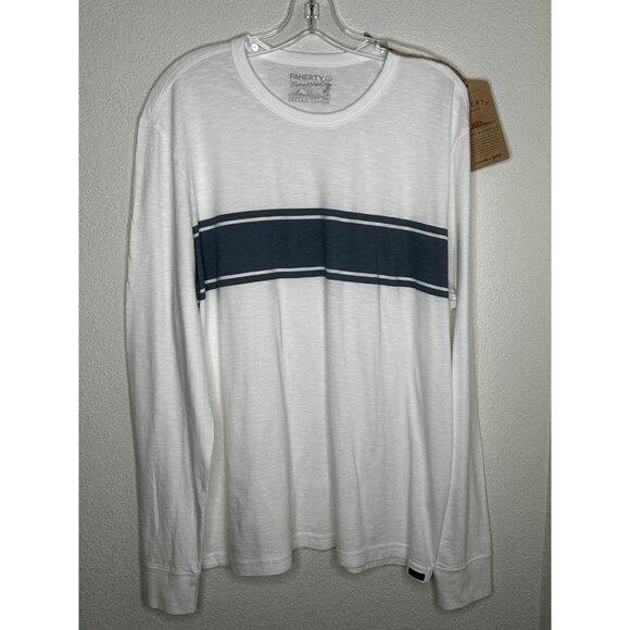 Faherty Shirt Mens Large White Sunwashed Long Sleeve Surf Stripe Organic Cotton - Picture 1 of 15